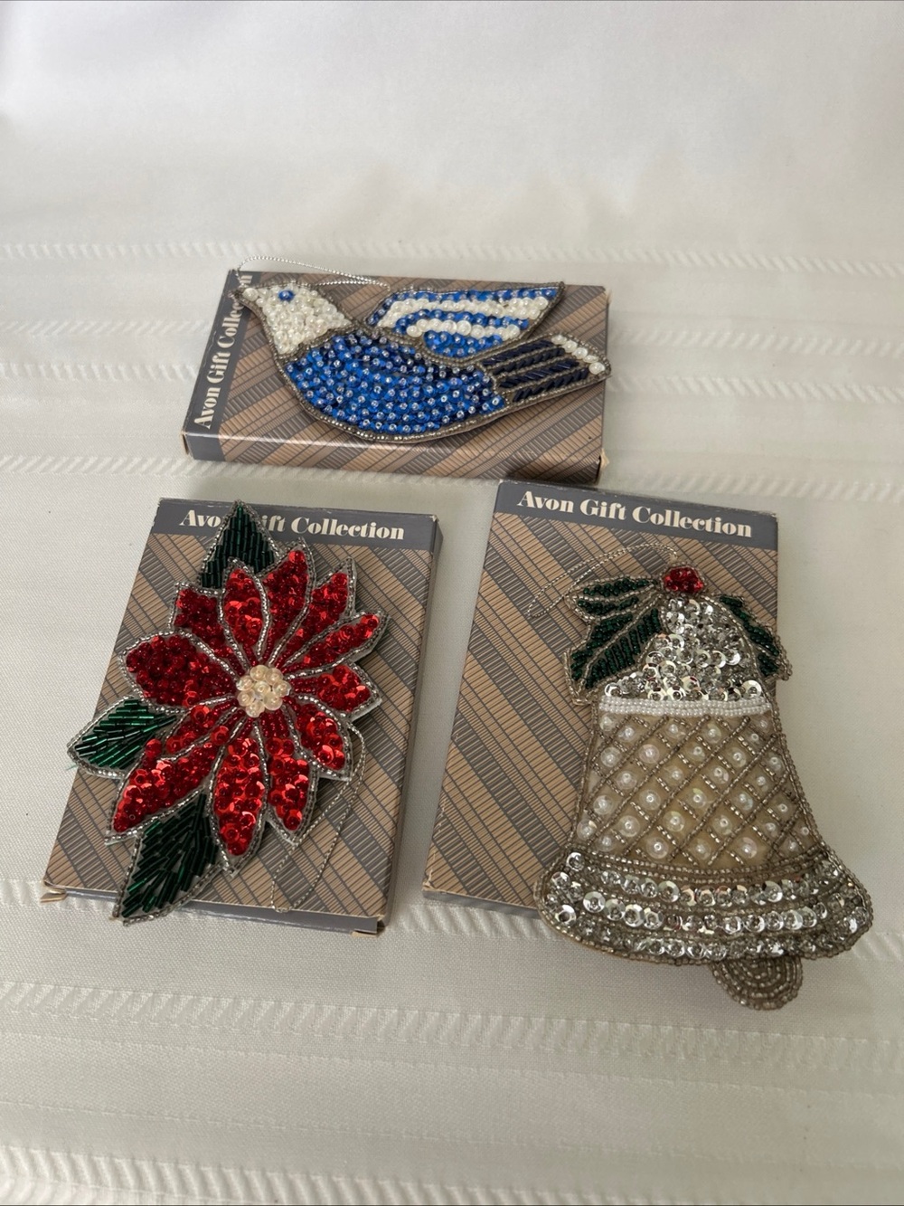 Vintage Set of 3 Avon Christmas Ornament Bell Pointsettia Dove Shimmering Sequin